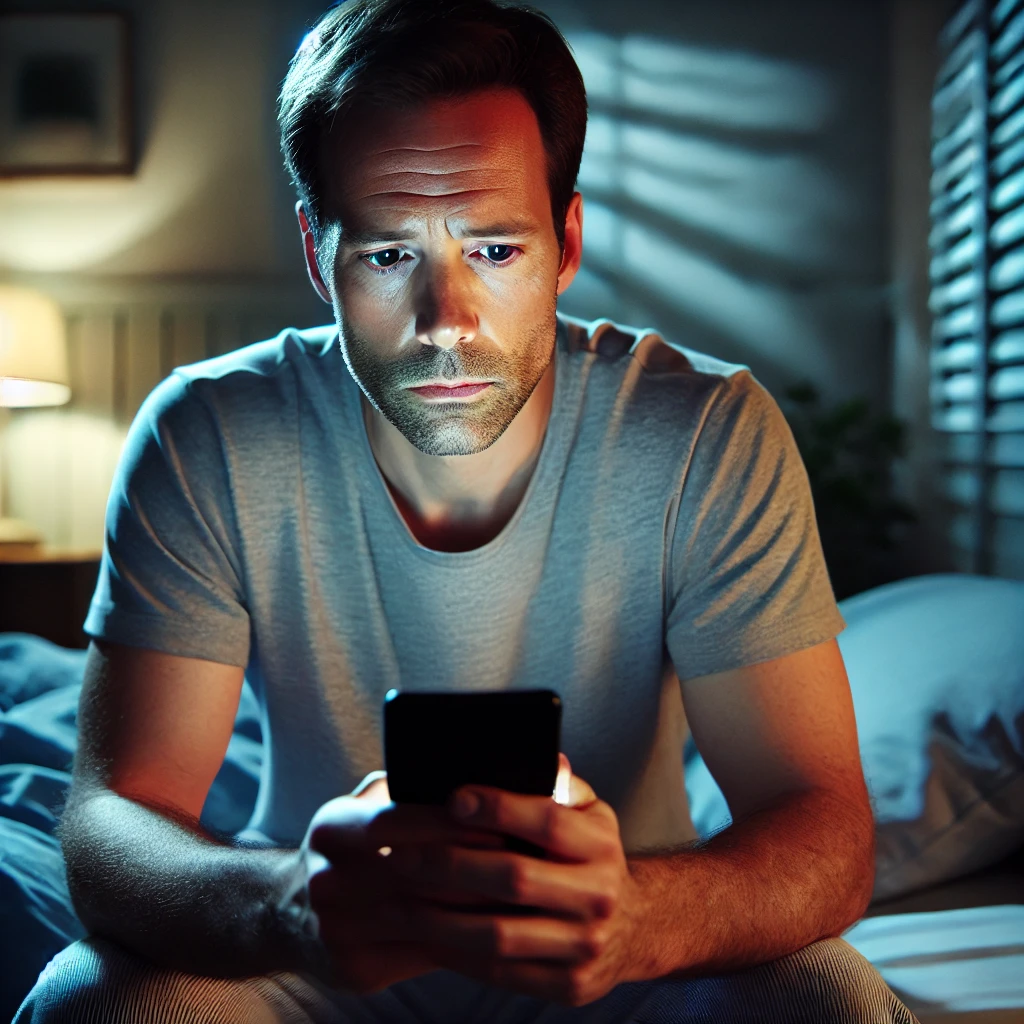 dall·e 2026 03 10 20.08.33 a realistic, documentary style photograph of a 42 year old man sitting alone on the edge of a bed in a softly lit bedroom at night, illuminated by the